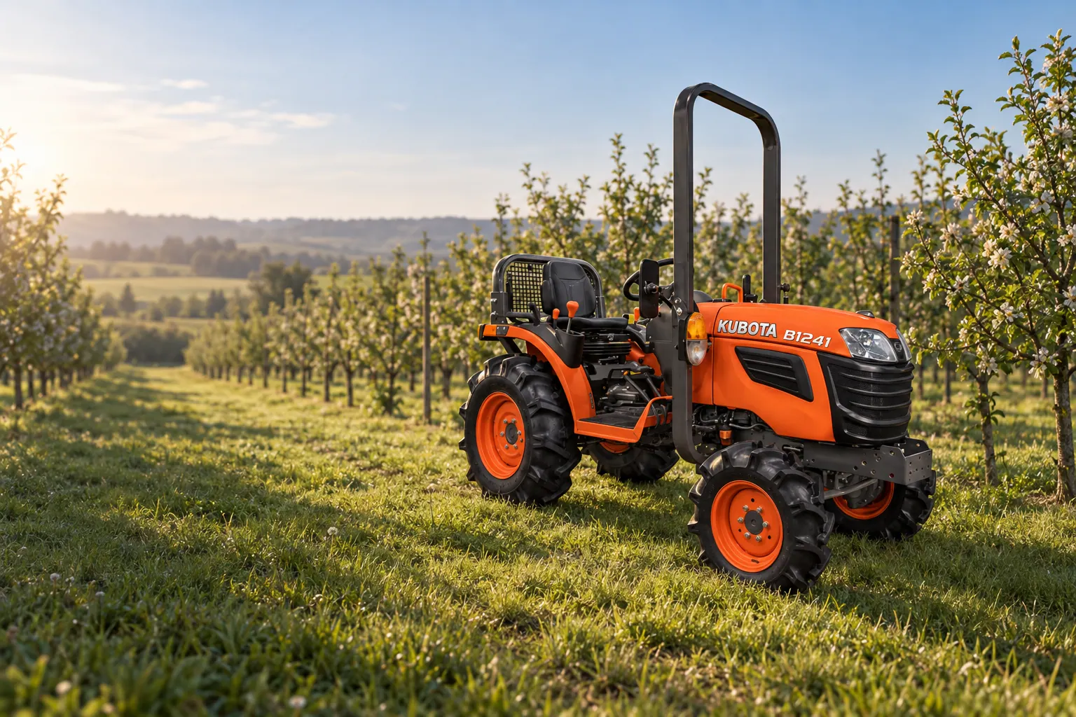 Kubota B1 serija, kompaktni traktor u voćnjaku u cvatu