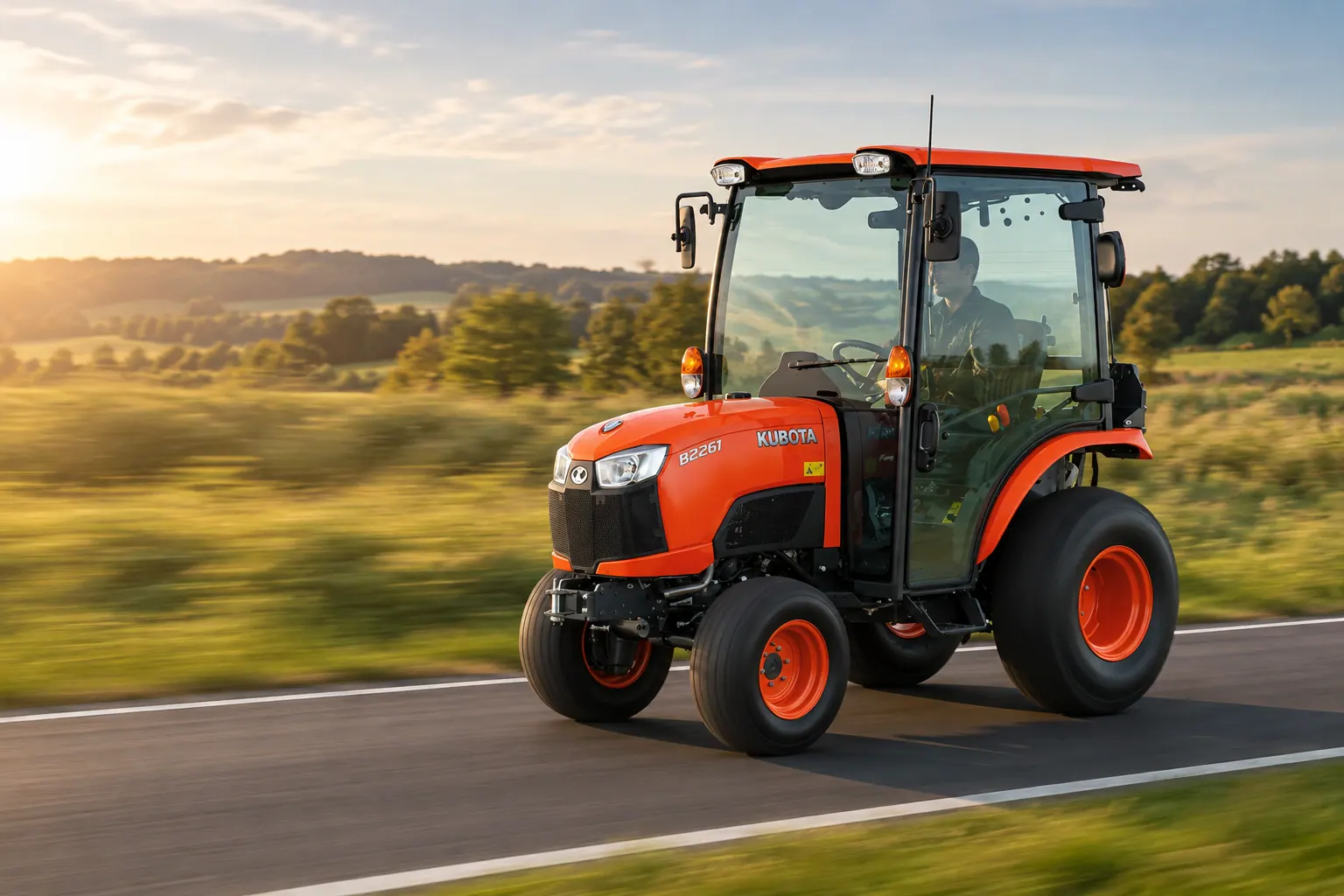 Kubota B2 serija, kompaktni traktor s kabinom u vožnji cestom uz polja