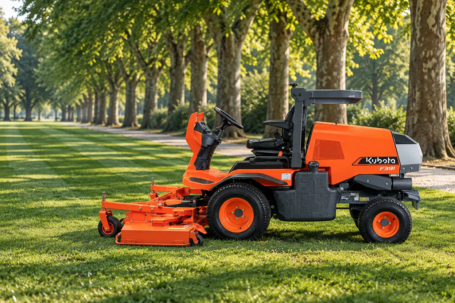Kubota F serija, kosilica s prednjim kosištem u parkovnom drvoredu