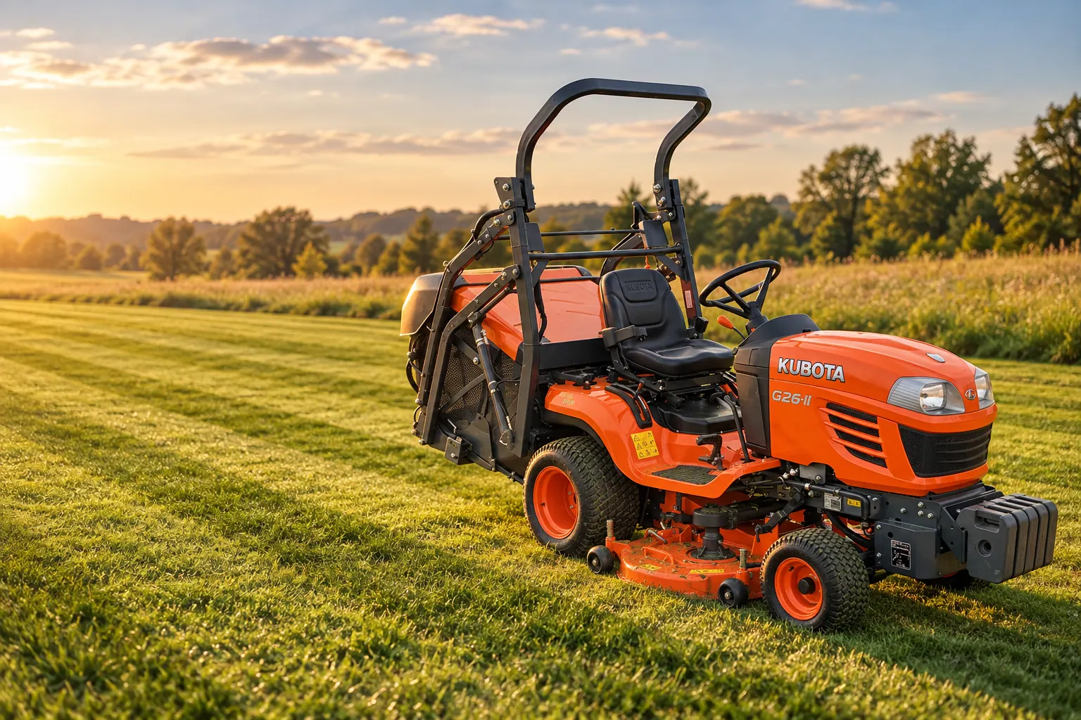 Kubota G serija, kosilica sa skupljačem trave na pokošenoj livadi u zalasku sunca