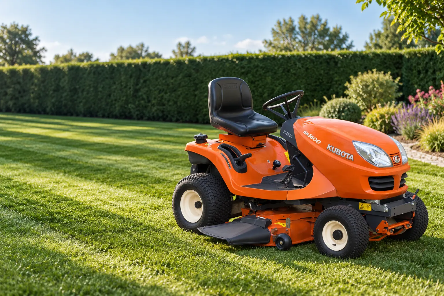 Kubota GR serija, vrtna kosilica na travnjaku uz živicu