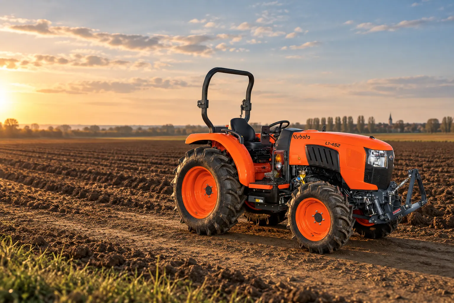 Kubota L1 serija, traktor na oranici u zalasku sunca