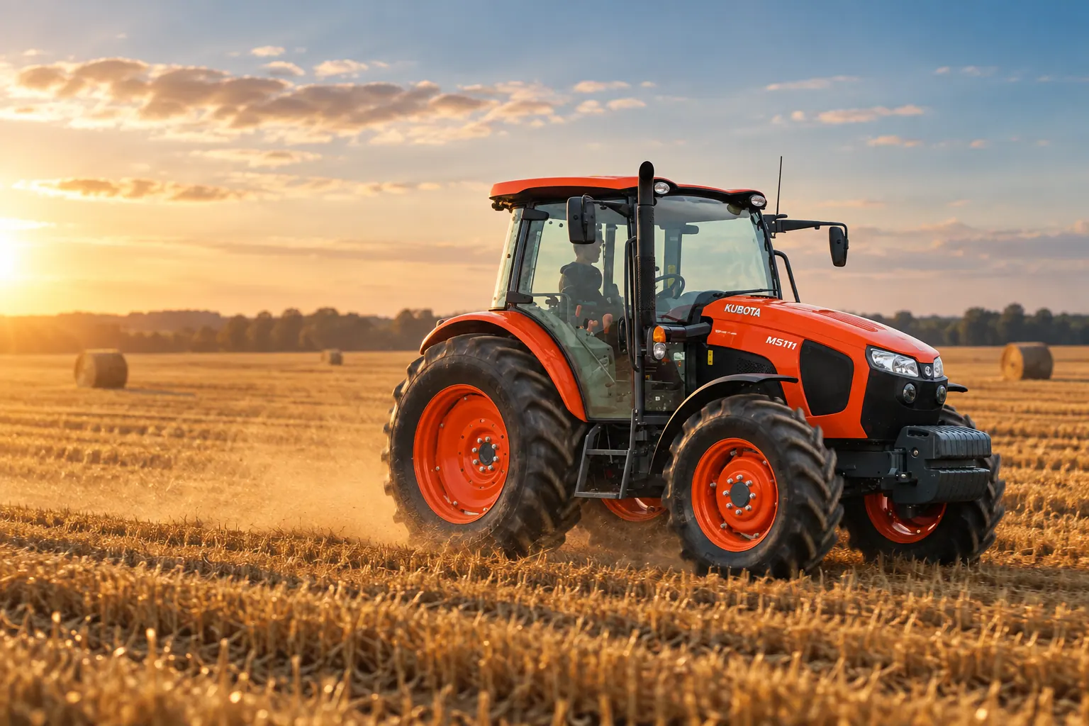 Kubota M5002 serija, traktor na strništu u zalasku sunca