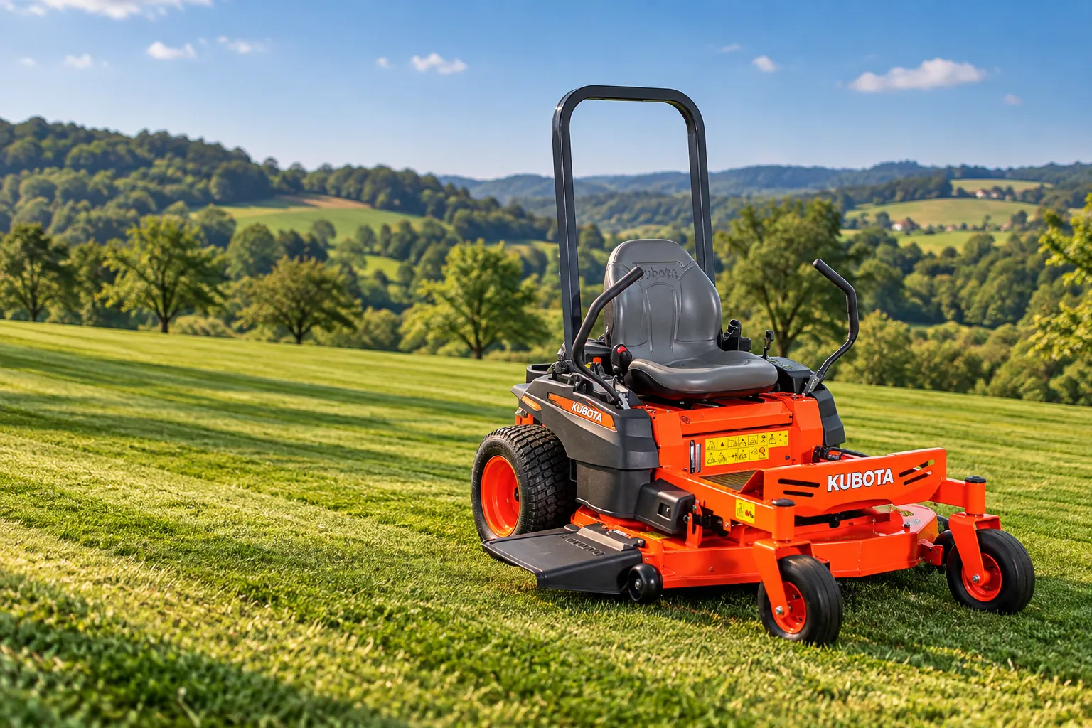 Kubota Z1-421, nultookretna kosilica na travnjaku među brežuljcima