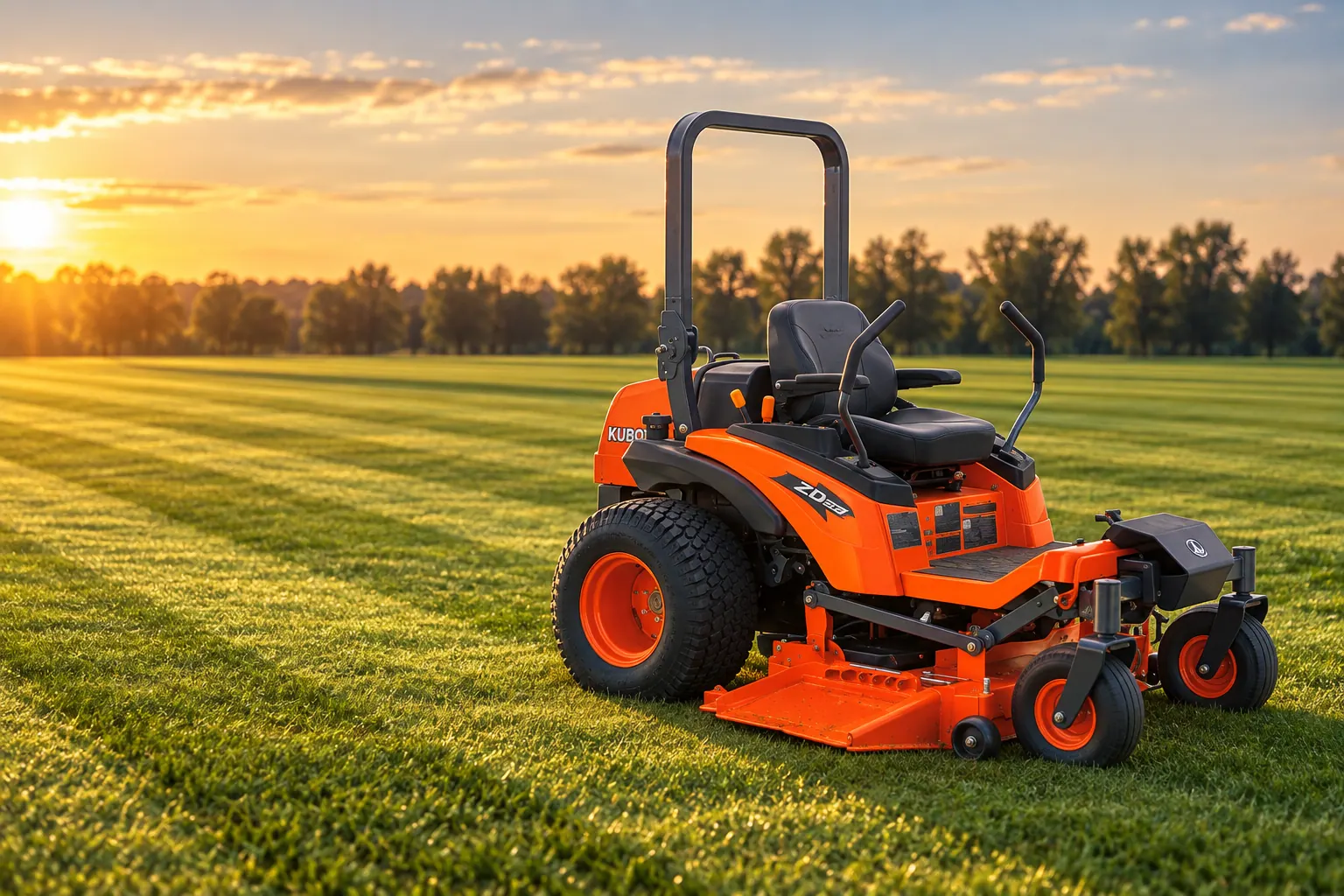 Kubota ZD serija, nultookretna kosilica na pokošenoj livadi u zalasku sunca