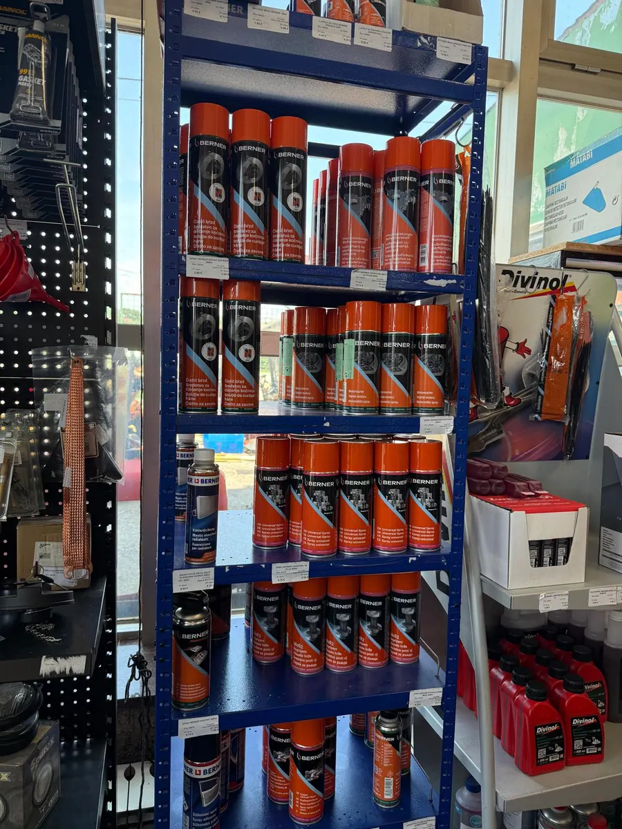 Shelves with sprays and lubricants
