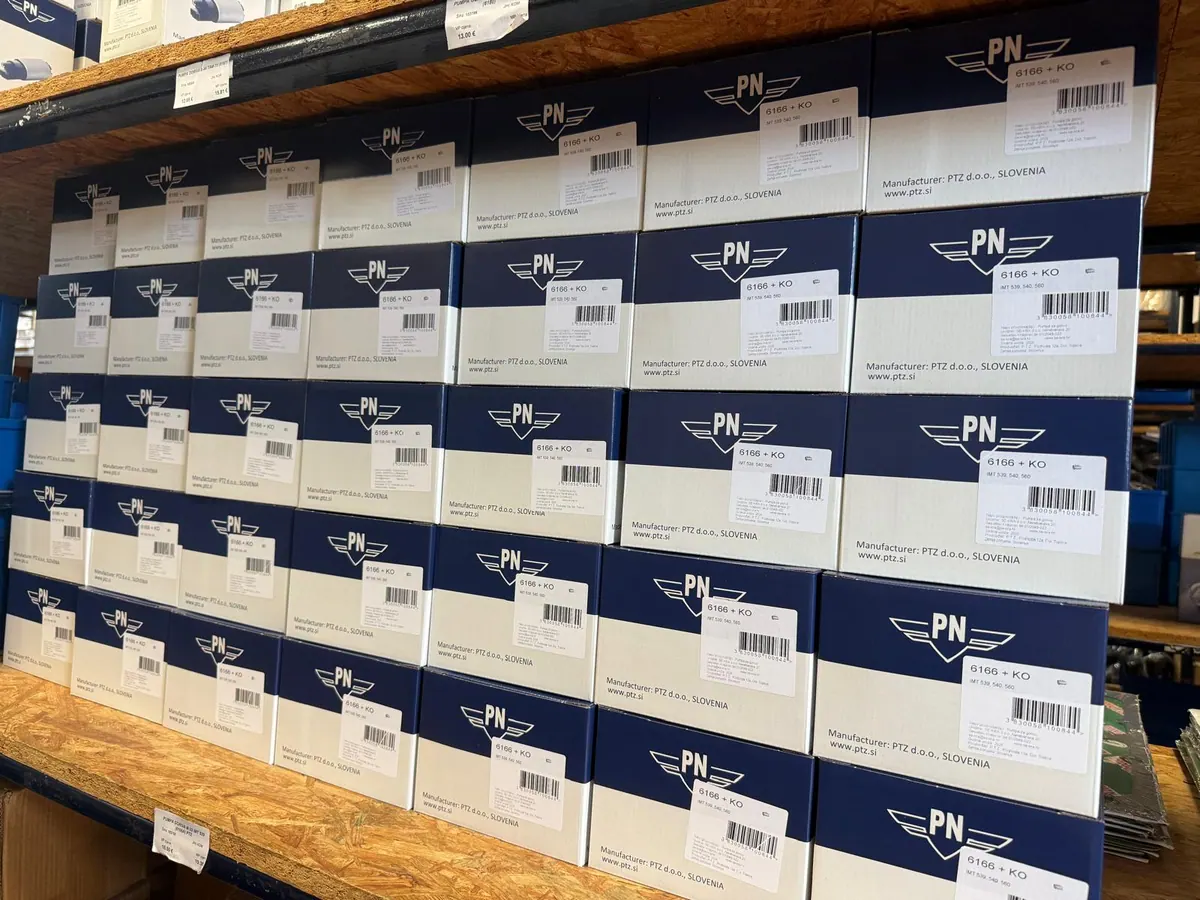 Boxes of PN spare parts on a shelf