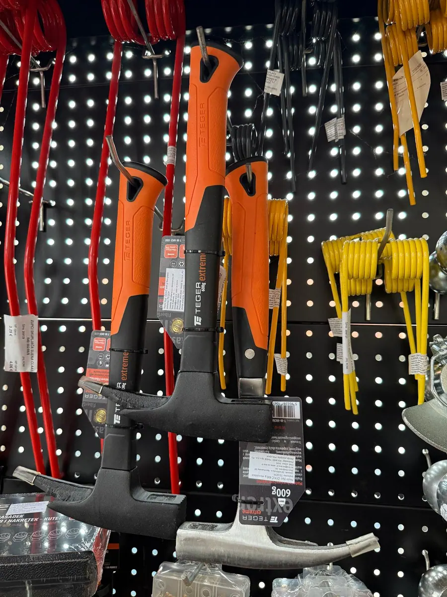 Hand tools on a wall rack