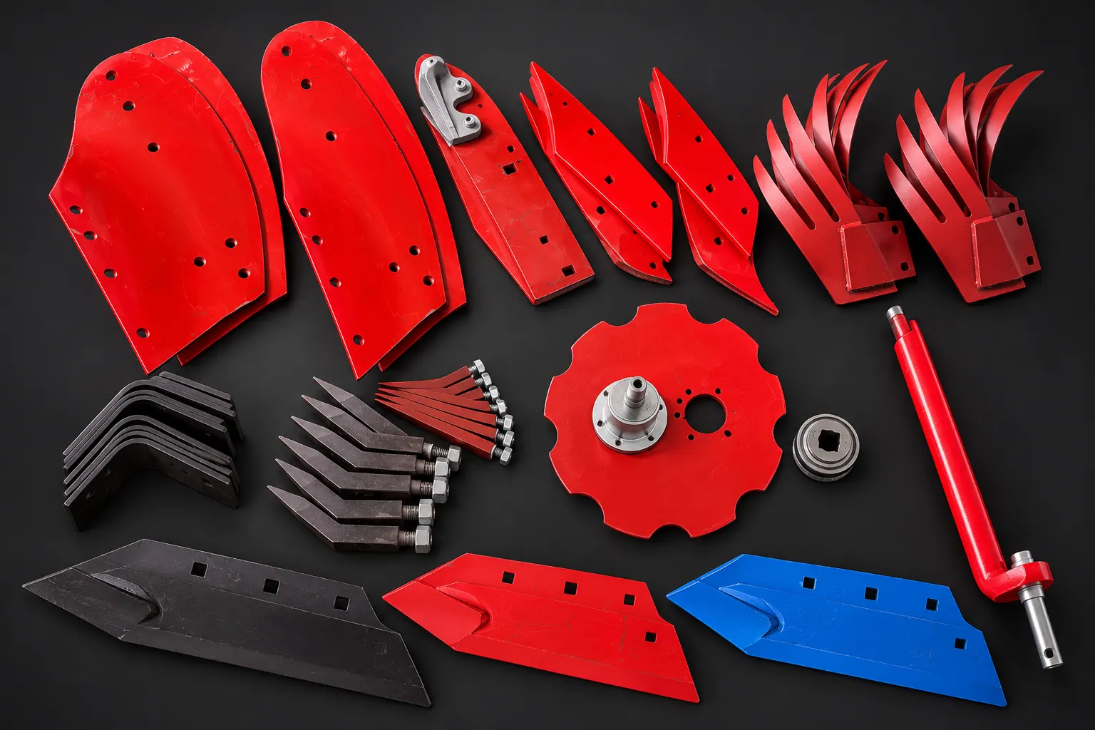 Spare parts for ploughs and disc harrows: ploughshares, blades, discs and a hydraulic cylinder
